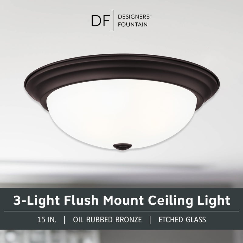 DESIGNERS FOUNTAIN Reedley 3-Lights Flush Mount Ceiling Light, 15 Inch Lighting Fixture for Kitchen, Bedroom, Bathroom, and Hallway, Oil Rubbed Bronze with Etched Glass, 1257L-ORB-W - Image 2